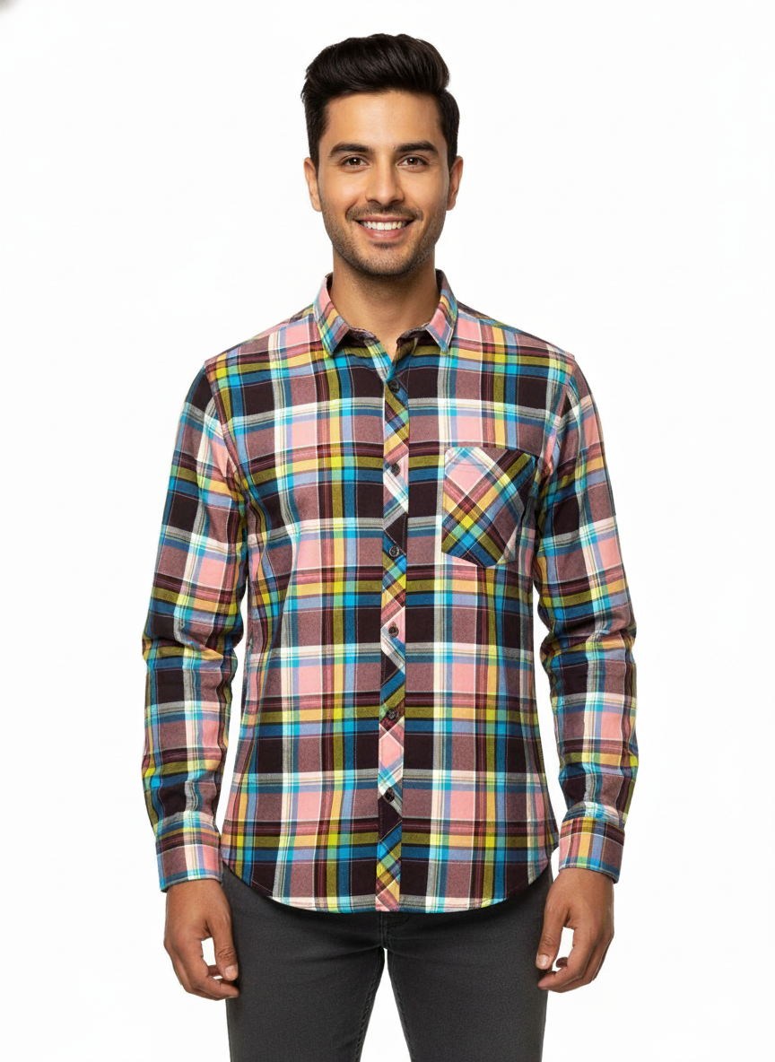 Men’s Premium Cotton Checks Shirt | Teal & Beige Checks