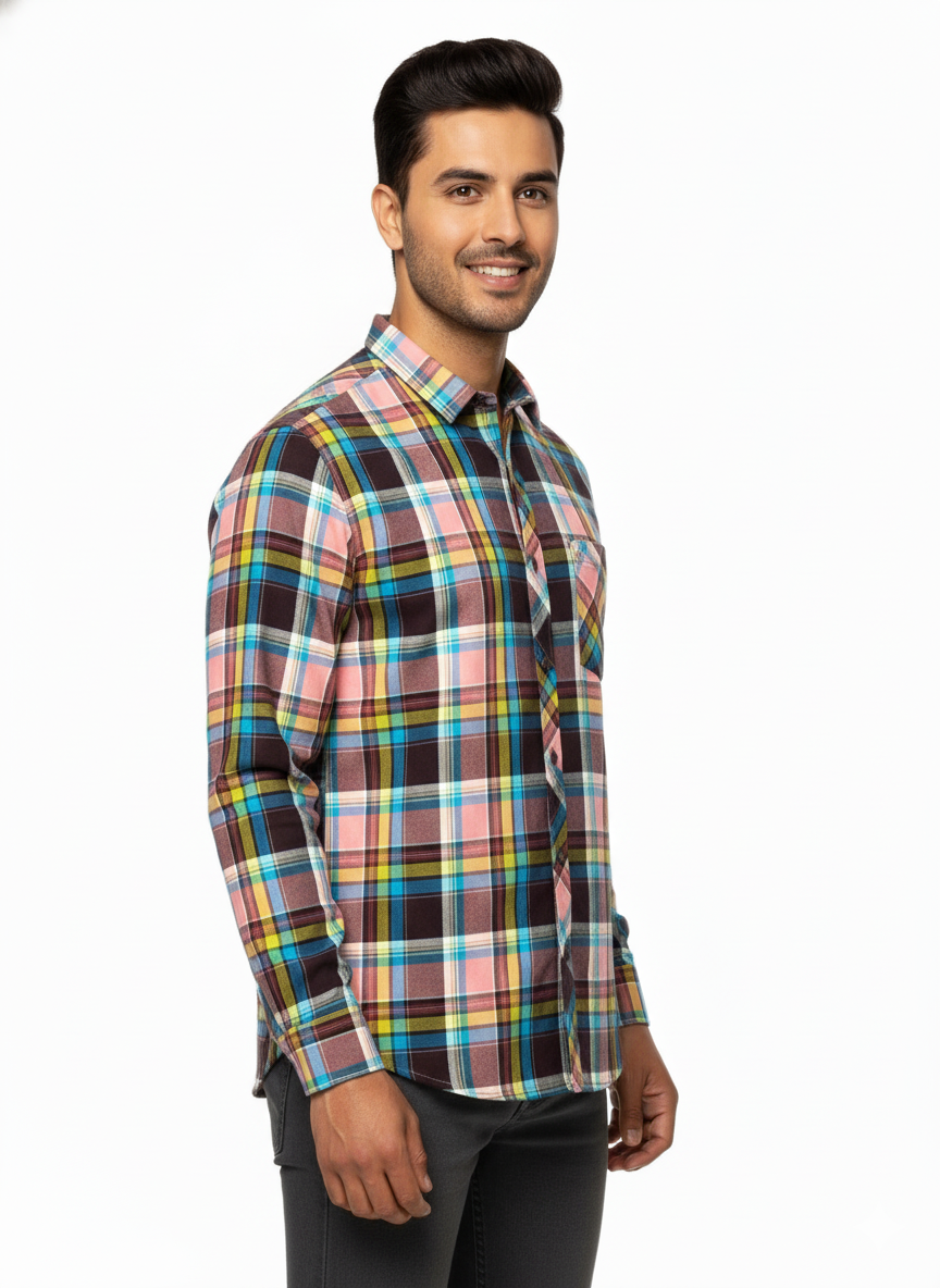 Men’s Premium Cotton Checks Shirt | Teal & Beige Checks