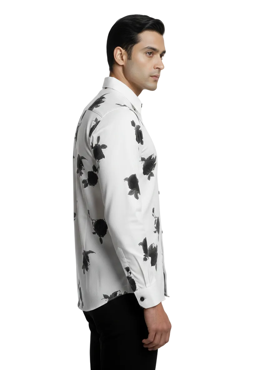 White Flower Printed Cotton Shirt P382