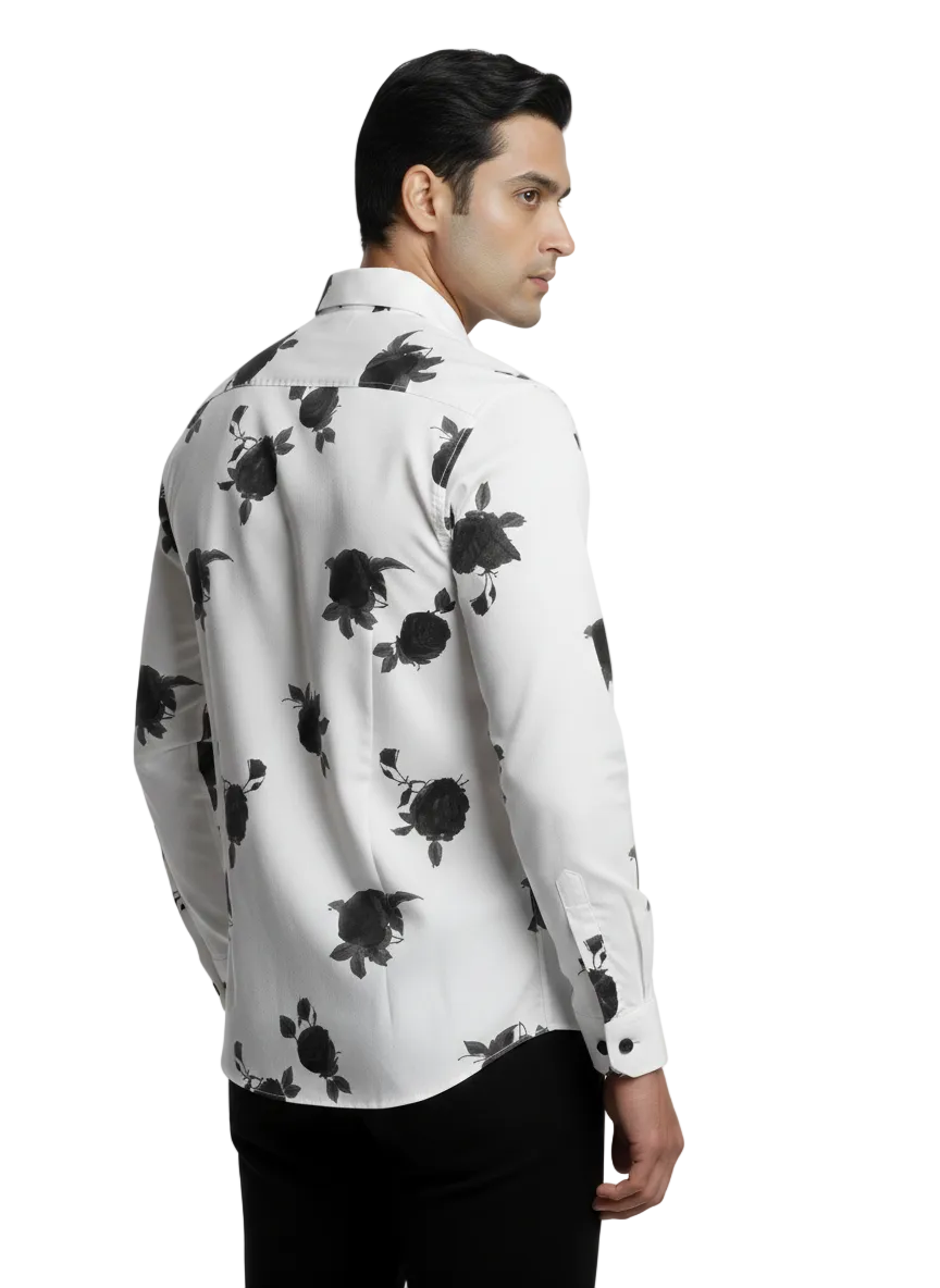 White Flower Printed Cotton Shirt P382