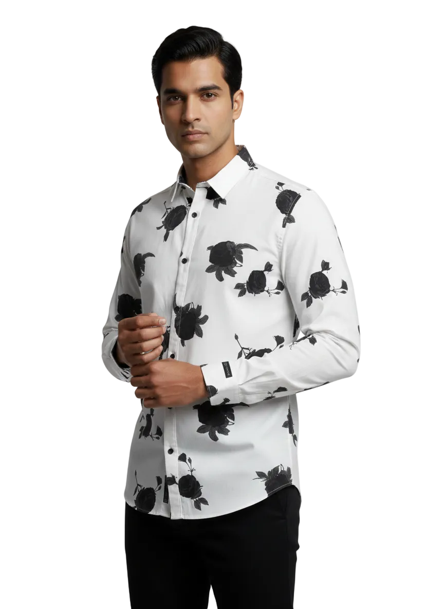 White Flower Printed Cotton Shirt P382