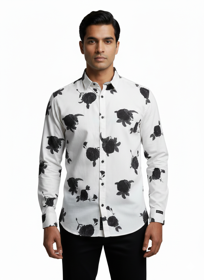 White Flower Printed Cotton Shirt P382
