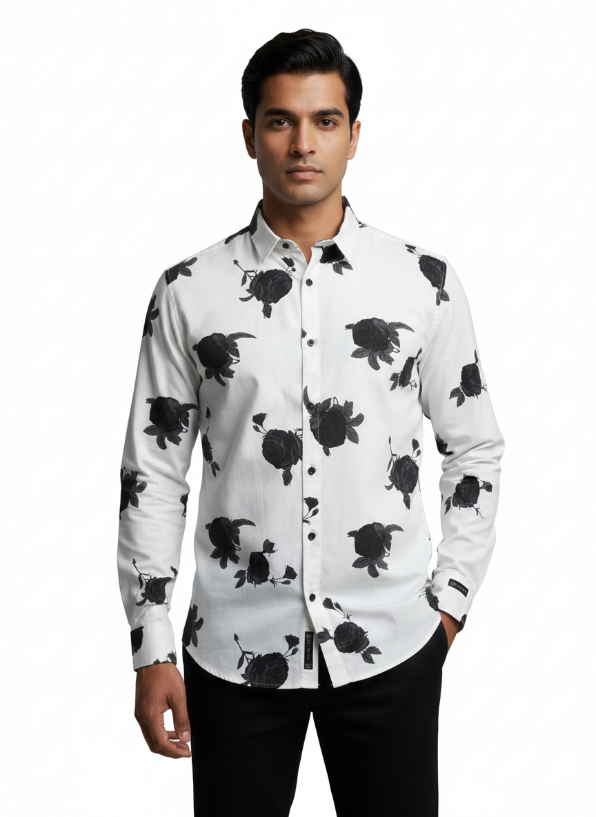 White Flower Printed Cotton Shirt P382
