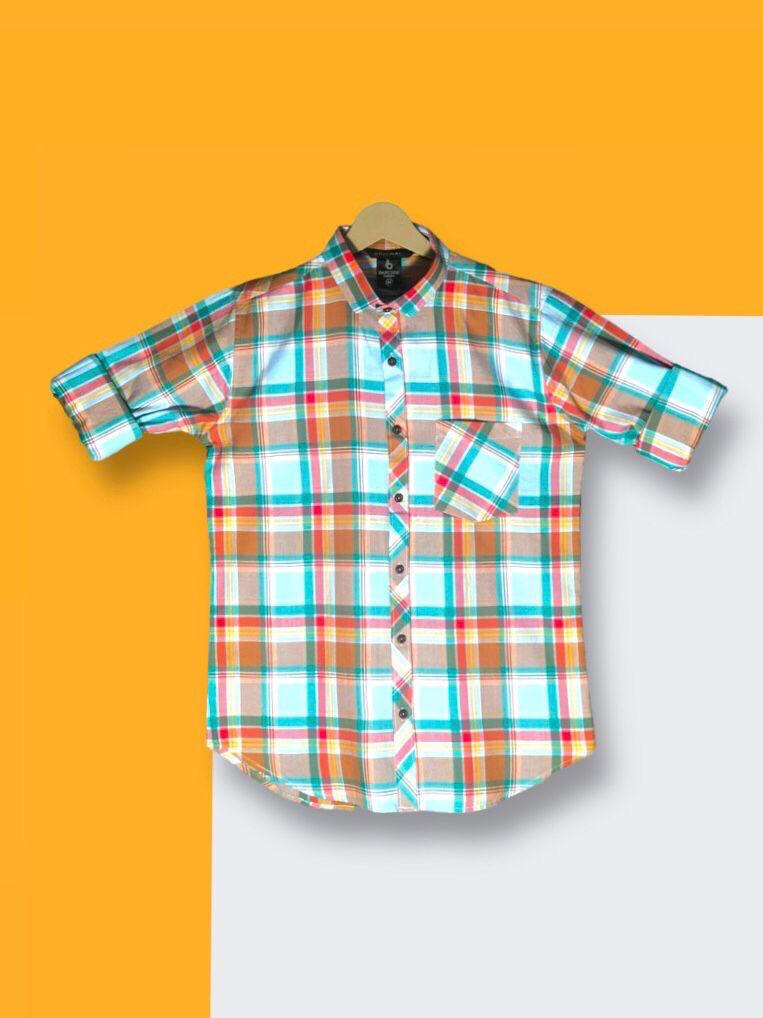 Men’s Premium Cotton Checks Shirt | Teal & Beige Checks
