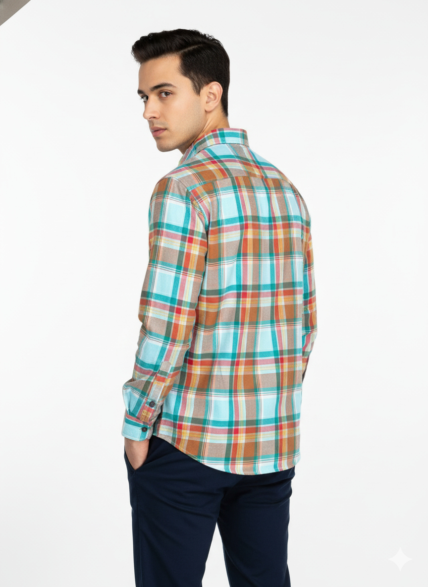 Men’s Premium Cotton Checks Shirt | Teal & Beige Checks