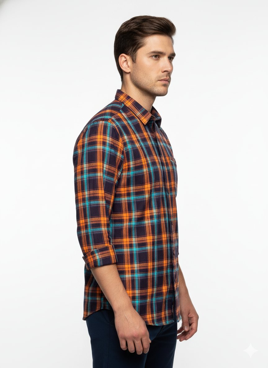 Men’s Premium Cotton Checks Shirt | Teal & Beige Checks