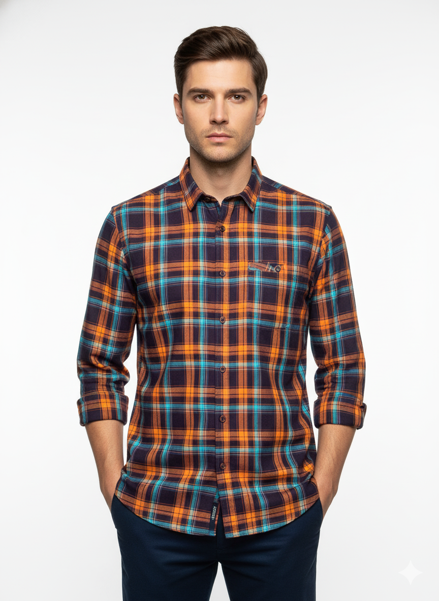 Men’s Premium Cotton Checks Shirt | Teal & Beige Checks