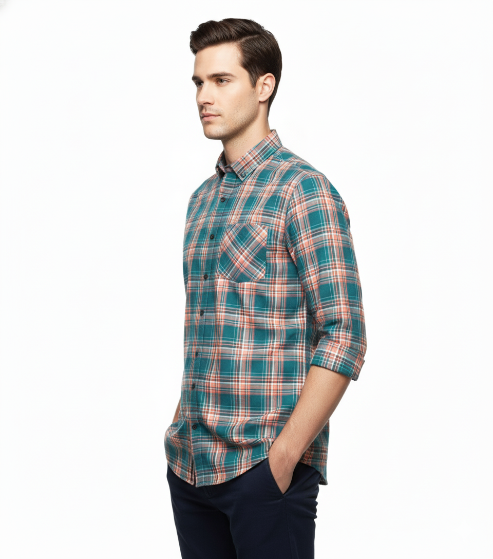 Men’s Premium Cotton Checks Shirt | Teal & Beige Checks