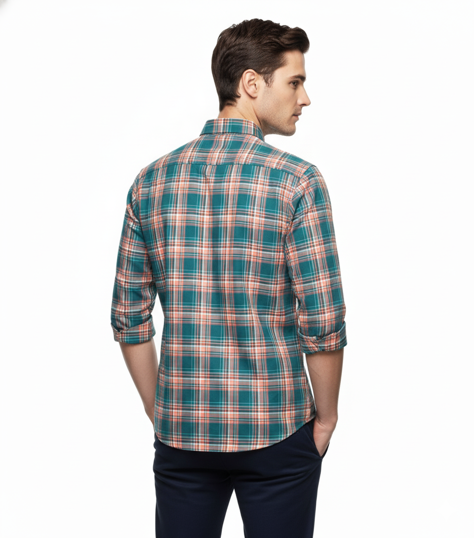 Men’s Premium Cotton Checks Shirt | Teal & Beige Checks