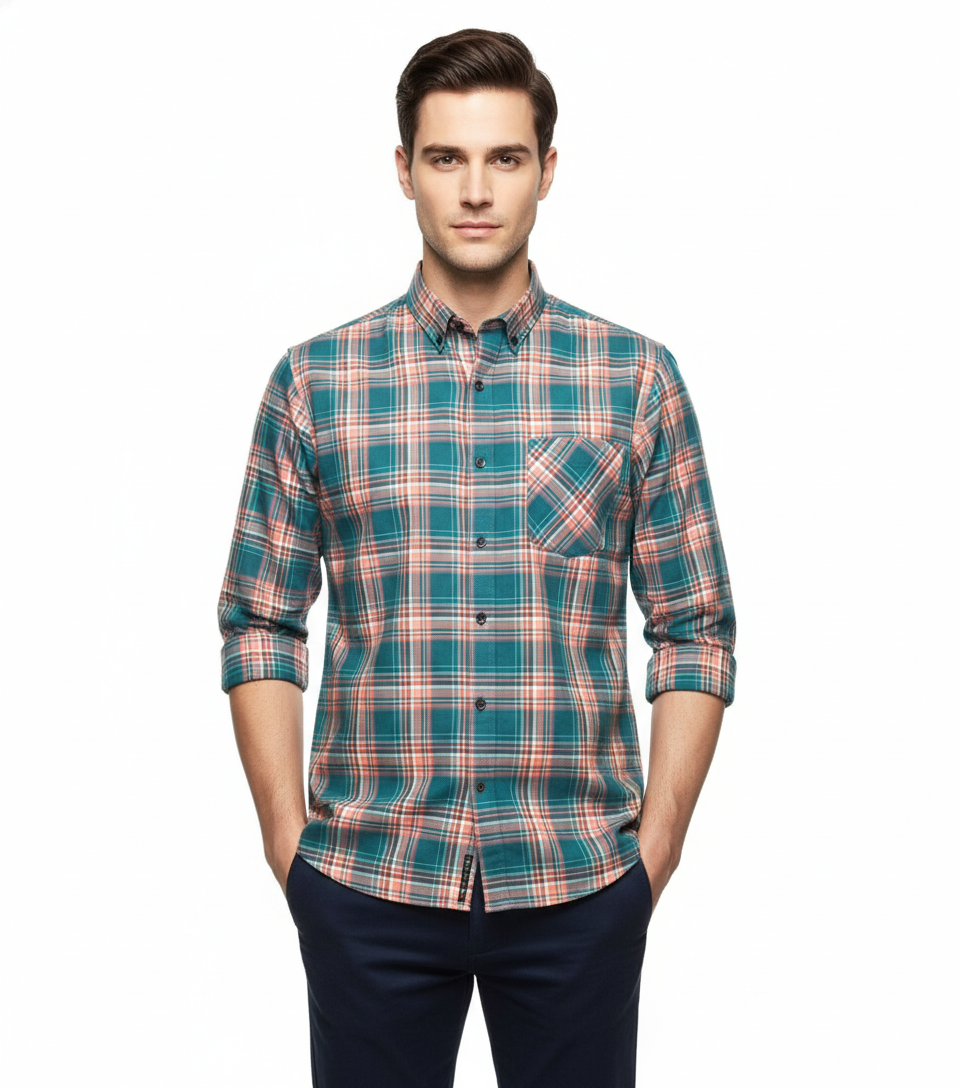 Men’s Premium Cotton Checks Shirt | Teal & Beige Checks