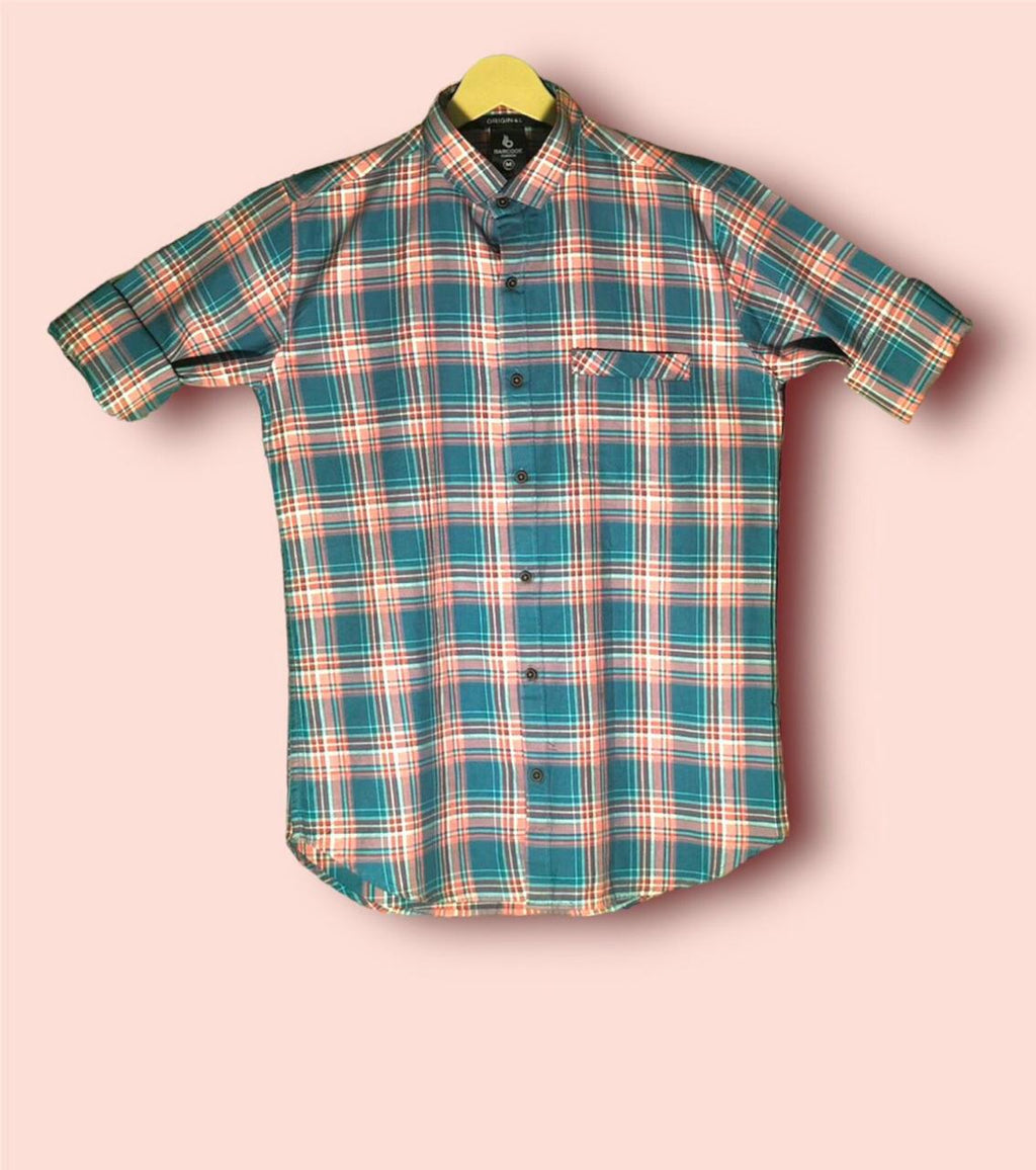 Men’s Premium Cotton Checks Shirt | Teal & Beige Checks