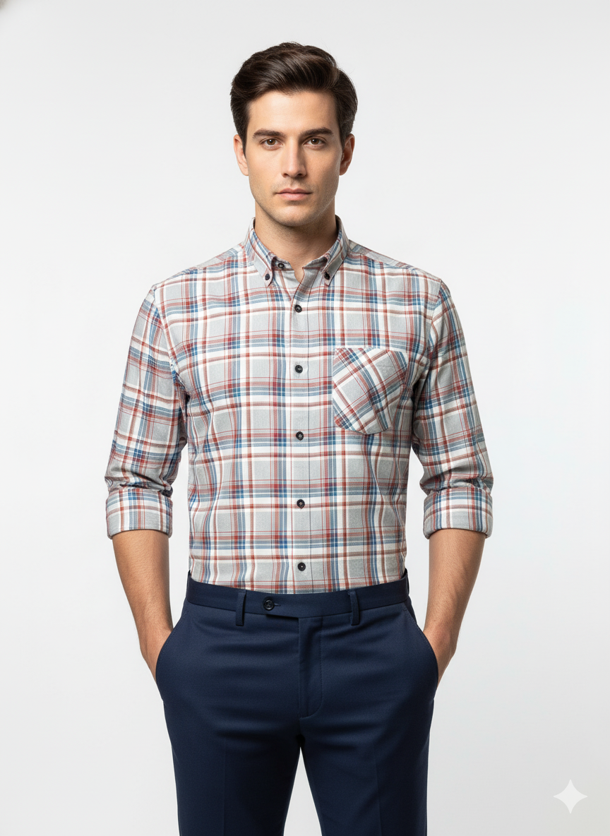 Men’s Premium Cotton Checks Shirt | Teal & Beige Checks