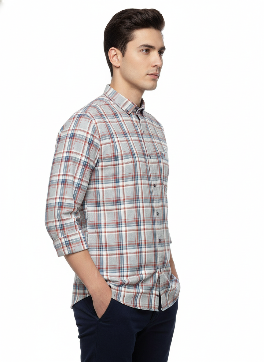Men’s Premium Cotton Checks Shirt | Teal & Beige Checks