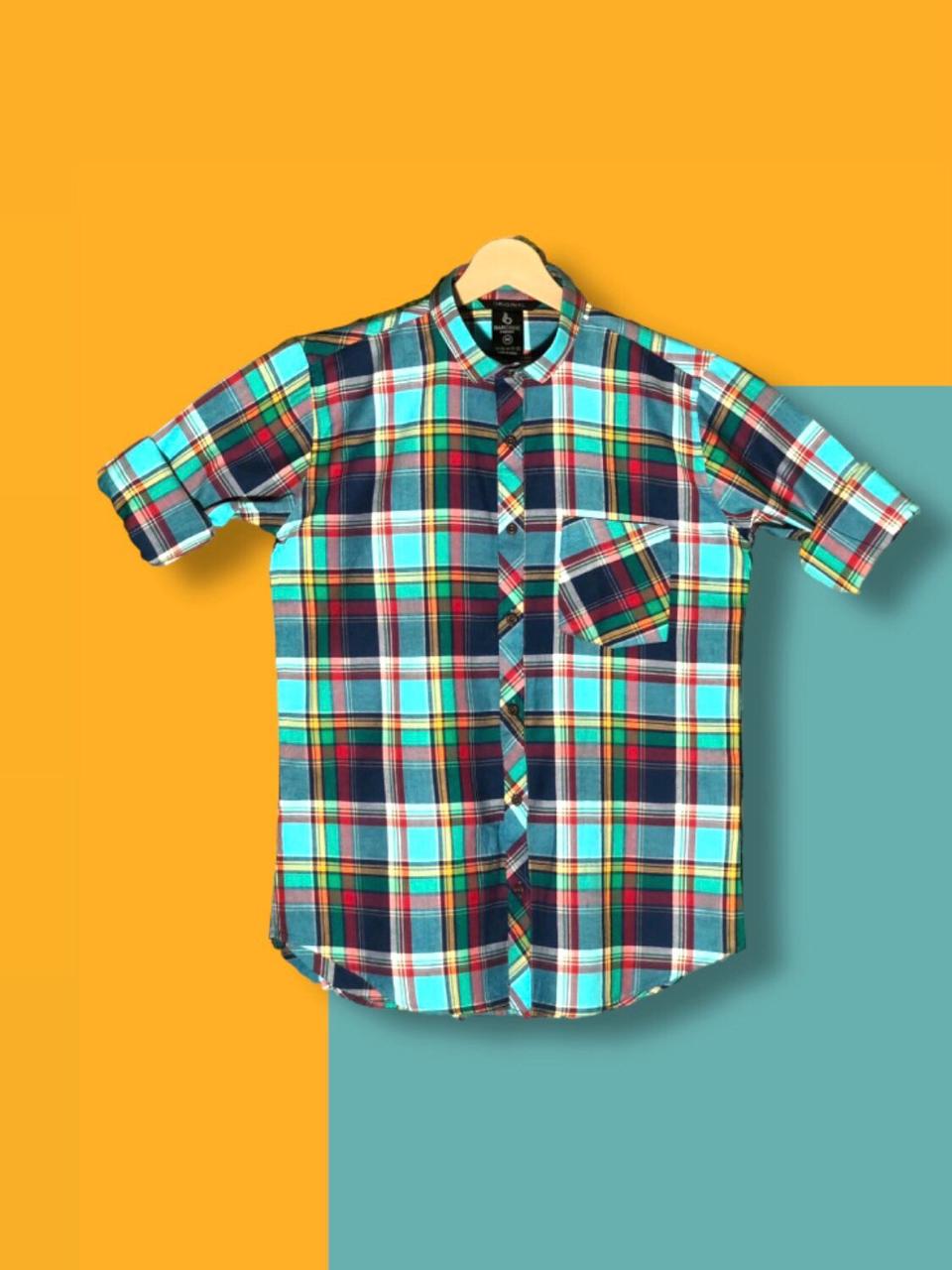 Men’s Premium Cotton Checks Shirt | Teal & Beige Checks