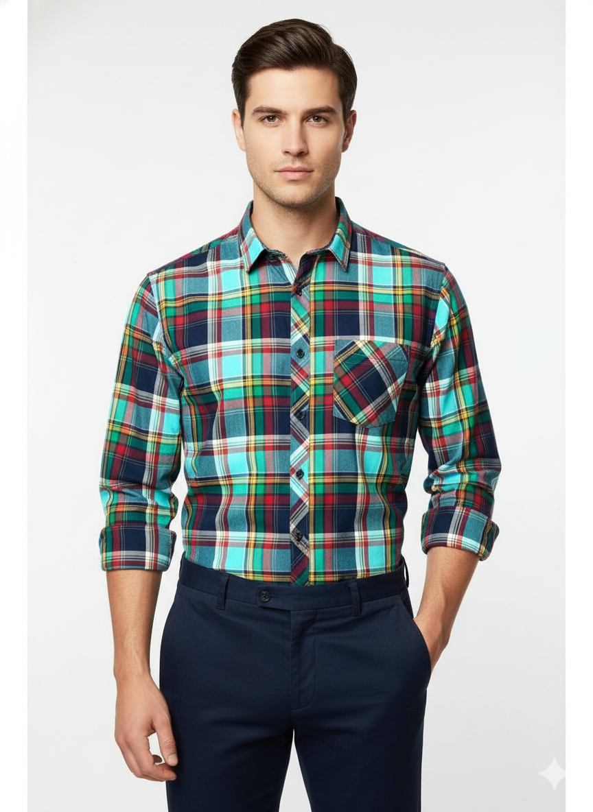 Men’s Premium Cotton Checks Shirt | Teal & Beige Checks