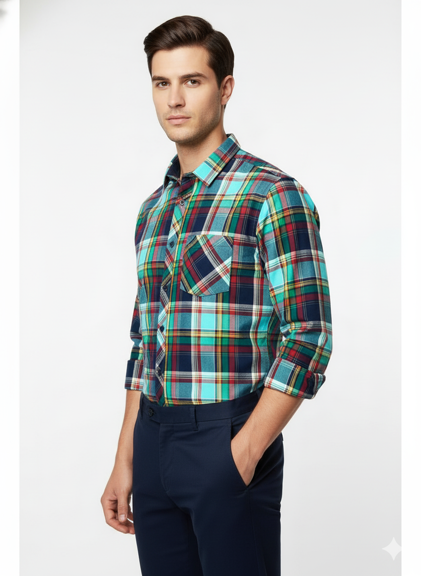 Men’s Premium Cotton Checks Shirt | Teal & Beige Checks