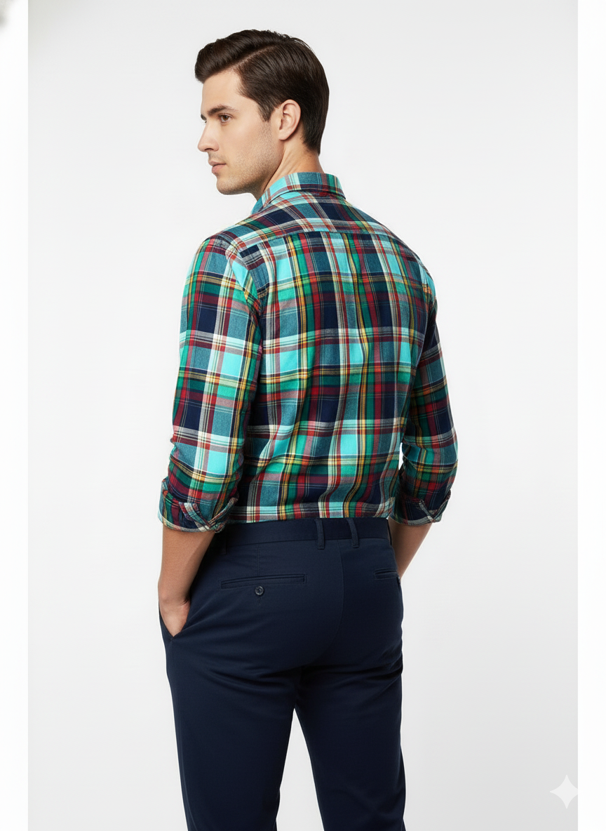 Men’s Premium Cotton Checks Shirt | Teal & Beige Checks