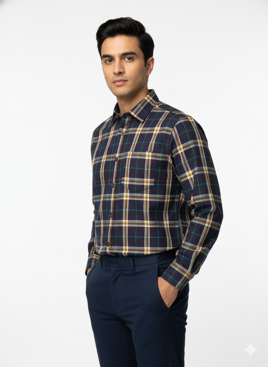 Men’s Premium Cotton Checks Shirt | Teal & Beige Checks