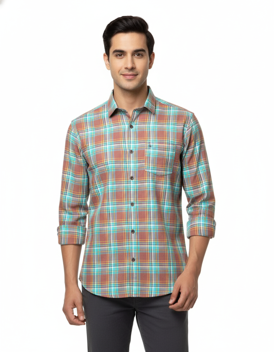 Men’s Premium Cotton Checks Shirt | Teal & Beige Checks (Copy) (Copy)