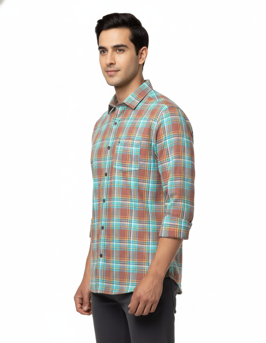 Men’s Premium Cotton Checks Shirt | Teal & Beige Checks (Copy) (Copy)