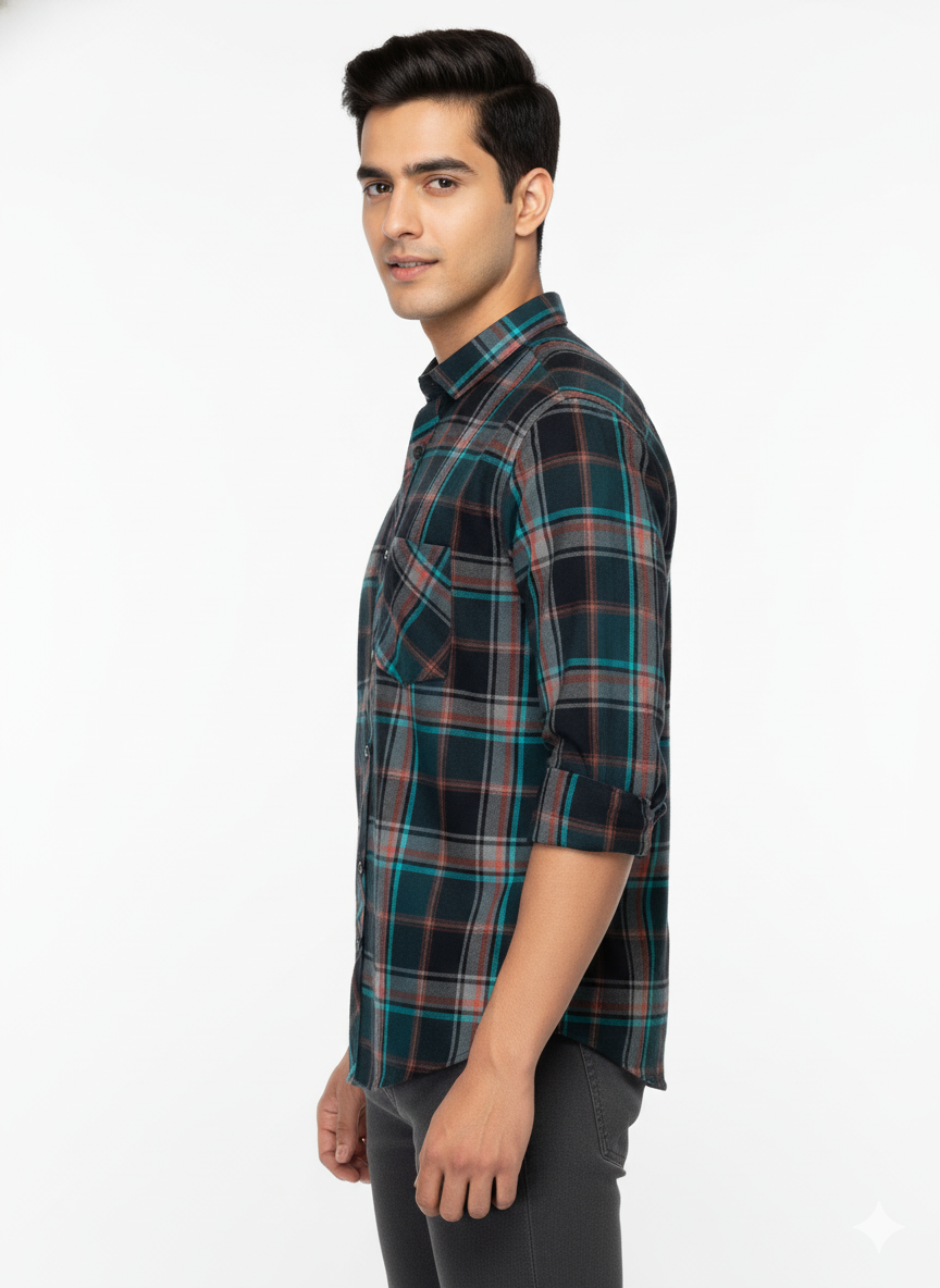Men’s Premium Cotton Checks Shirt | Teal & Beige Checks (Copy)