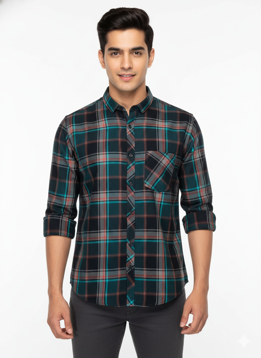 Men’s Premium Cotton Checks Shirt | Teal & Beige Checks (Copy)