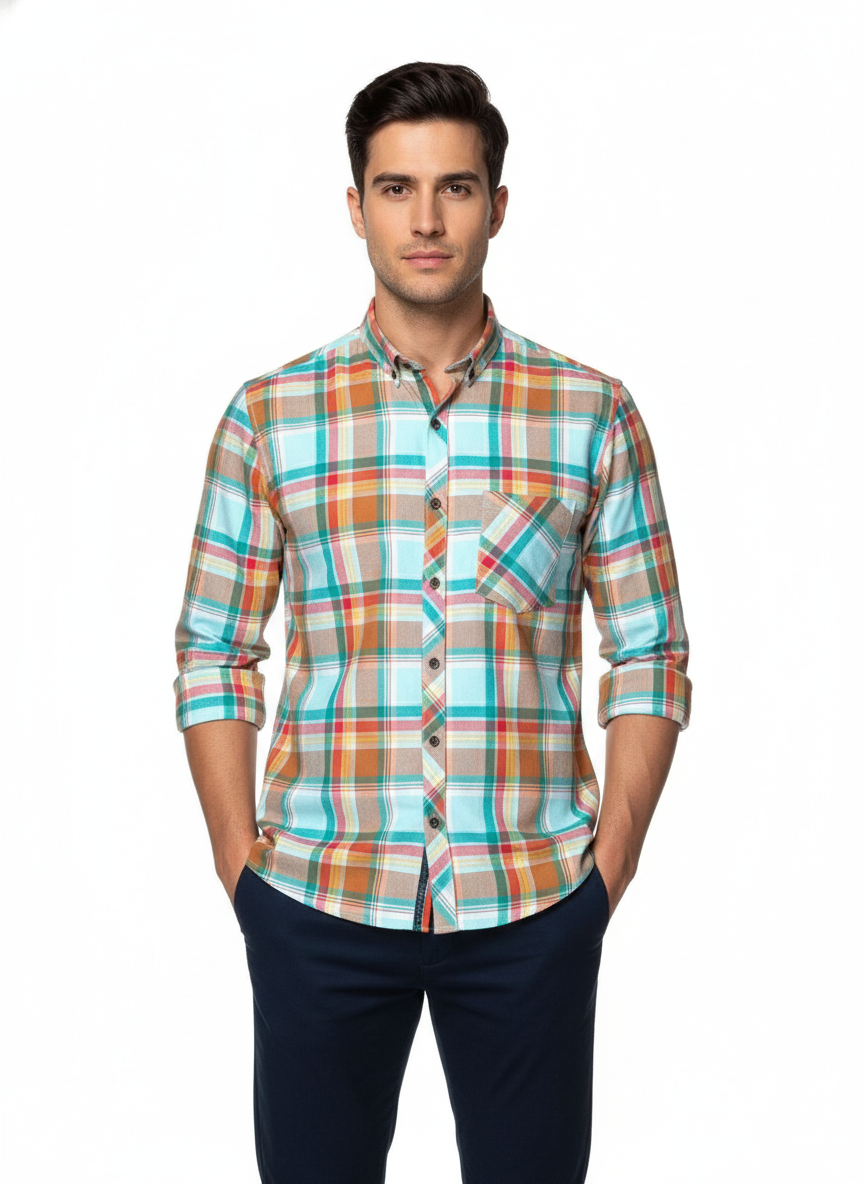 Man wearing a colorful plaid shirt on a white background