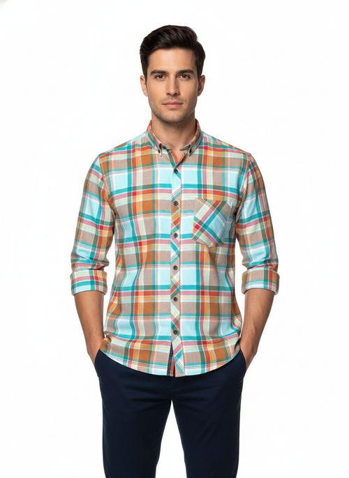Man wearing a colorful plaid shirt on a white background