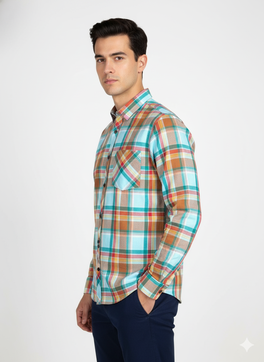 Man wearing a plaid shirt with a white background