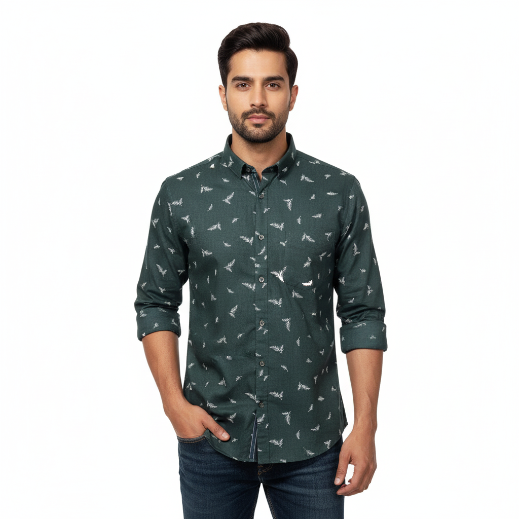 Dark Green Printed Cotton Shirt