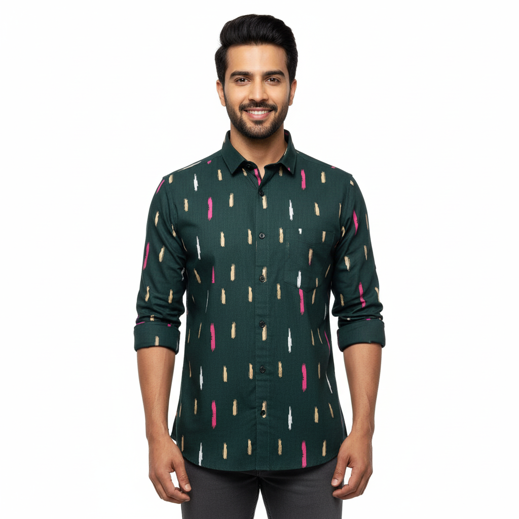 Dark Green Abstract Printed Cotton Shirt