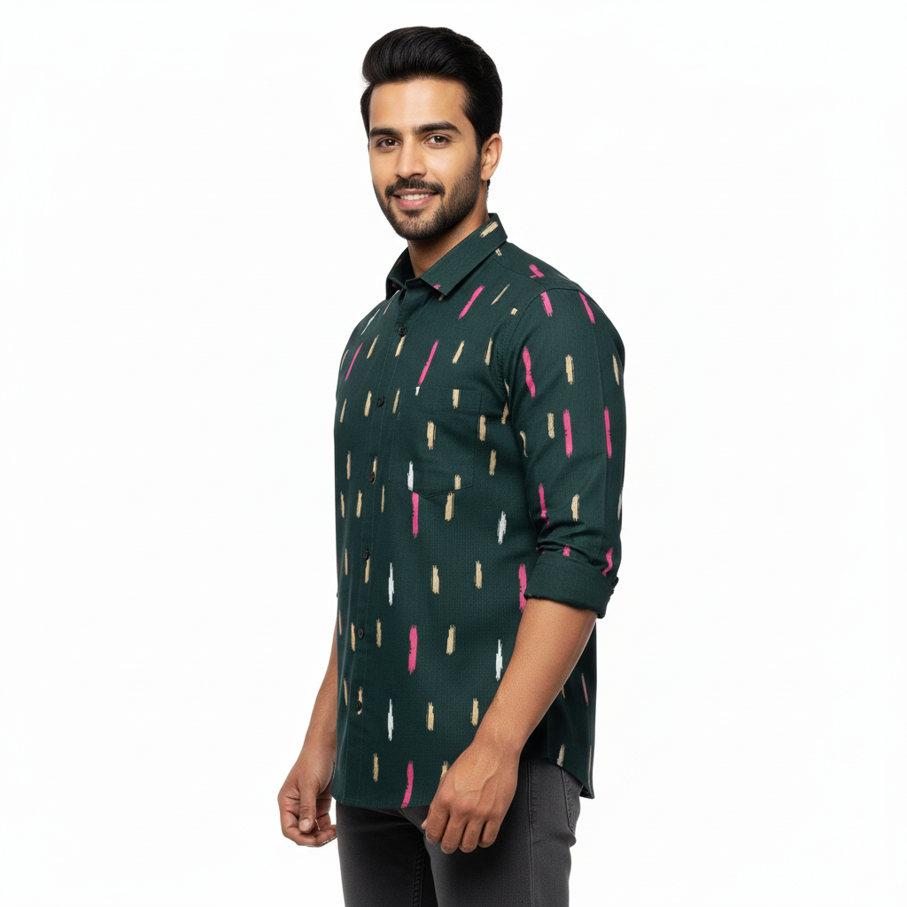 Dark Green Abstract Printed Cotton Shirt